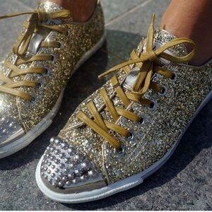 Miu Miu Gold Glitter Studded Accent Sneakers